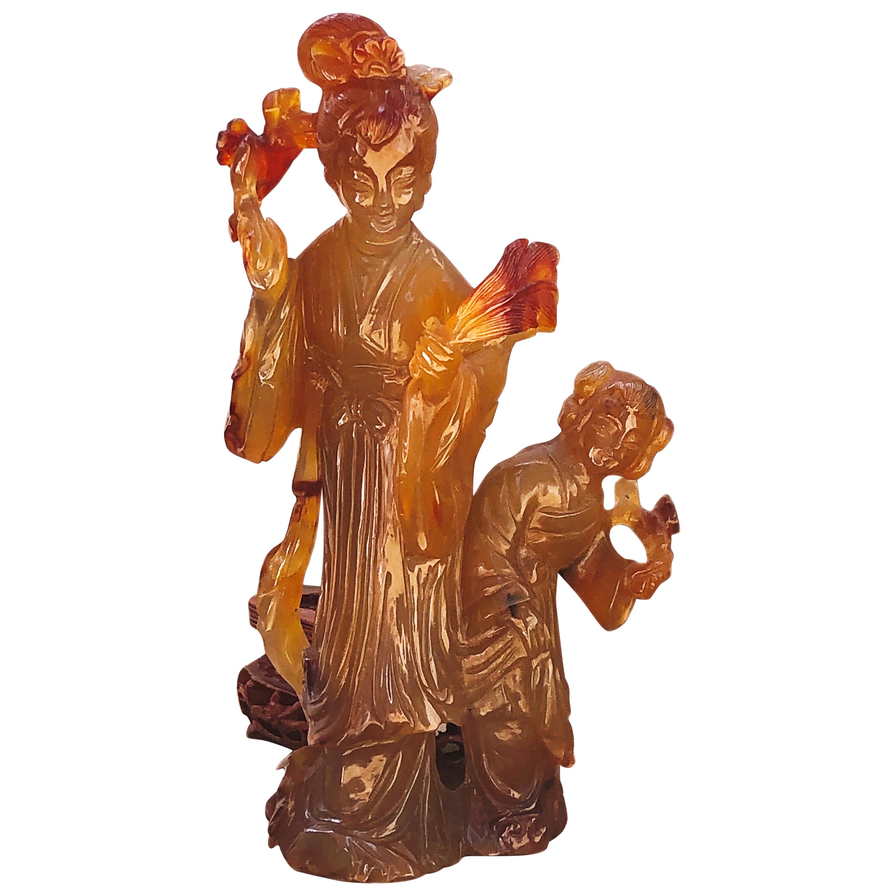 Original 1930 Chinese Export Natural Red Carnelian Dame and Baby-Girl Figurines For Sale