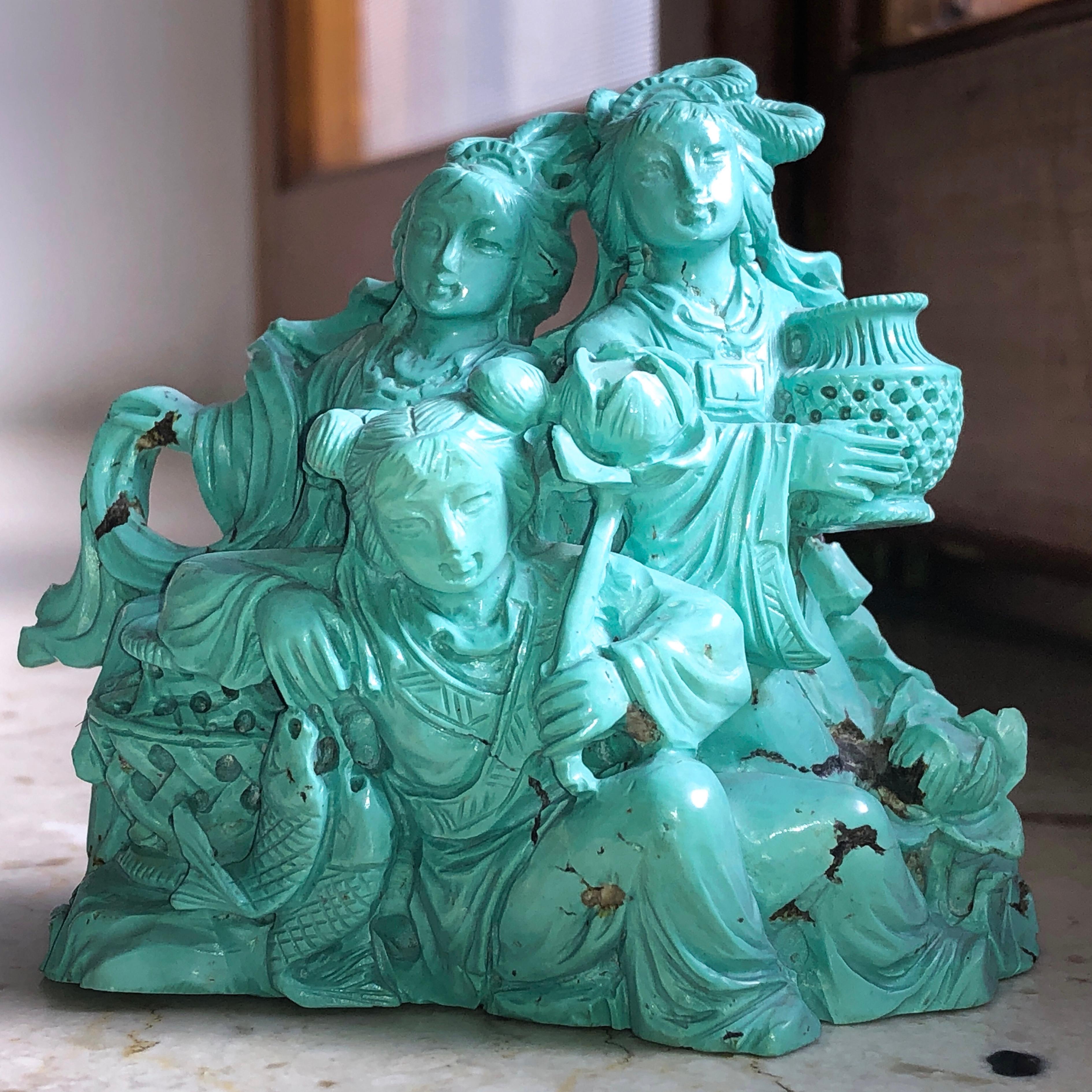 Original 1930 Chinese Export Natural Turquoise Three Dames Sculpture 3