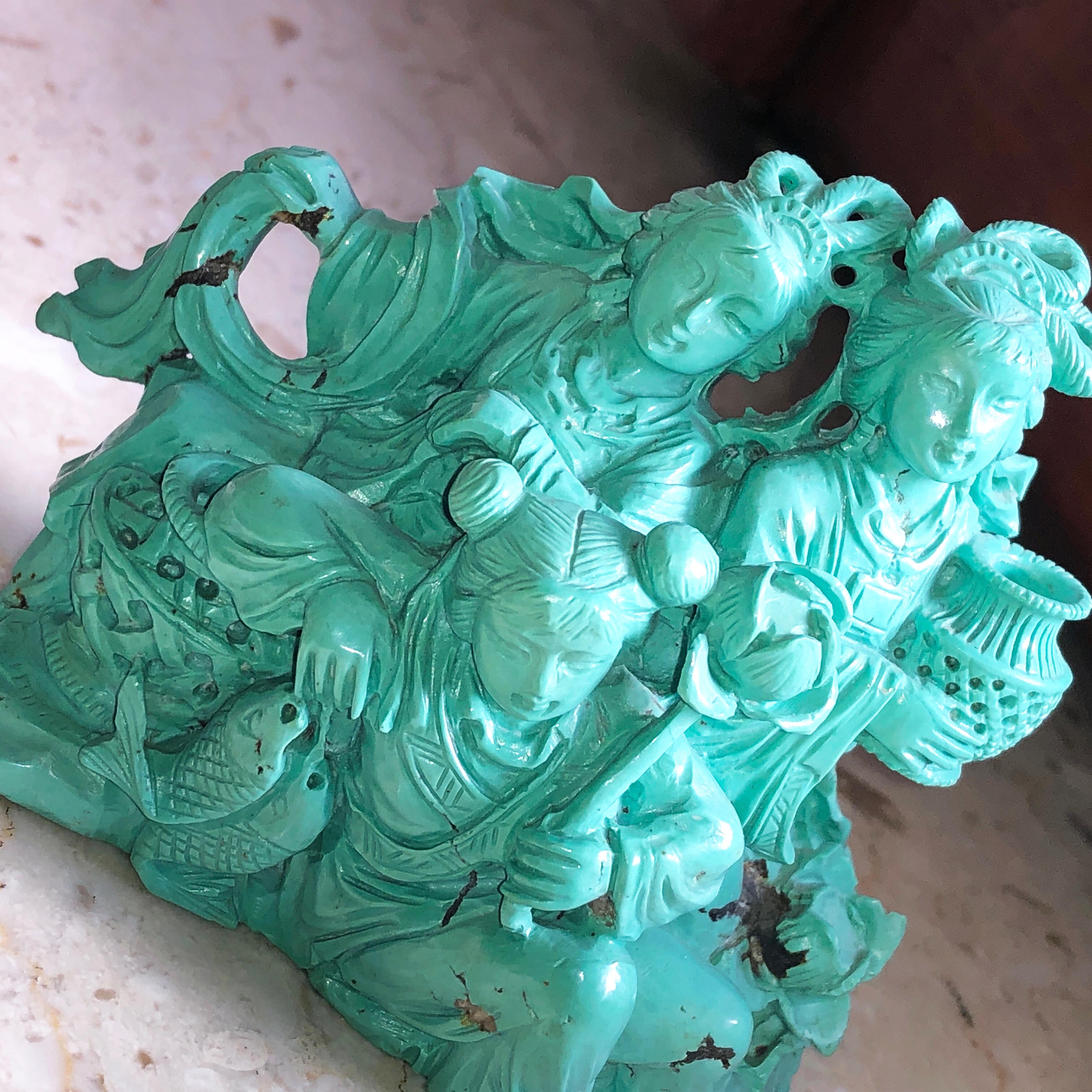 Original 1930 Chinese Export Natural Turquoise Three Dames Sculpture 4