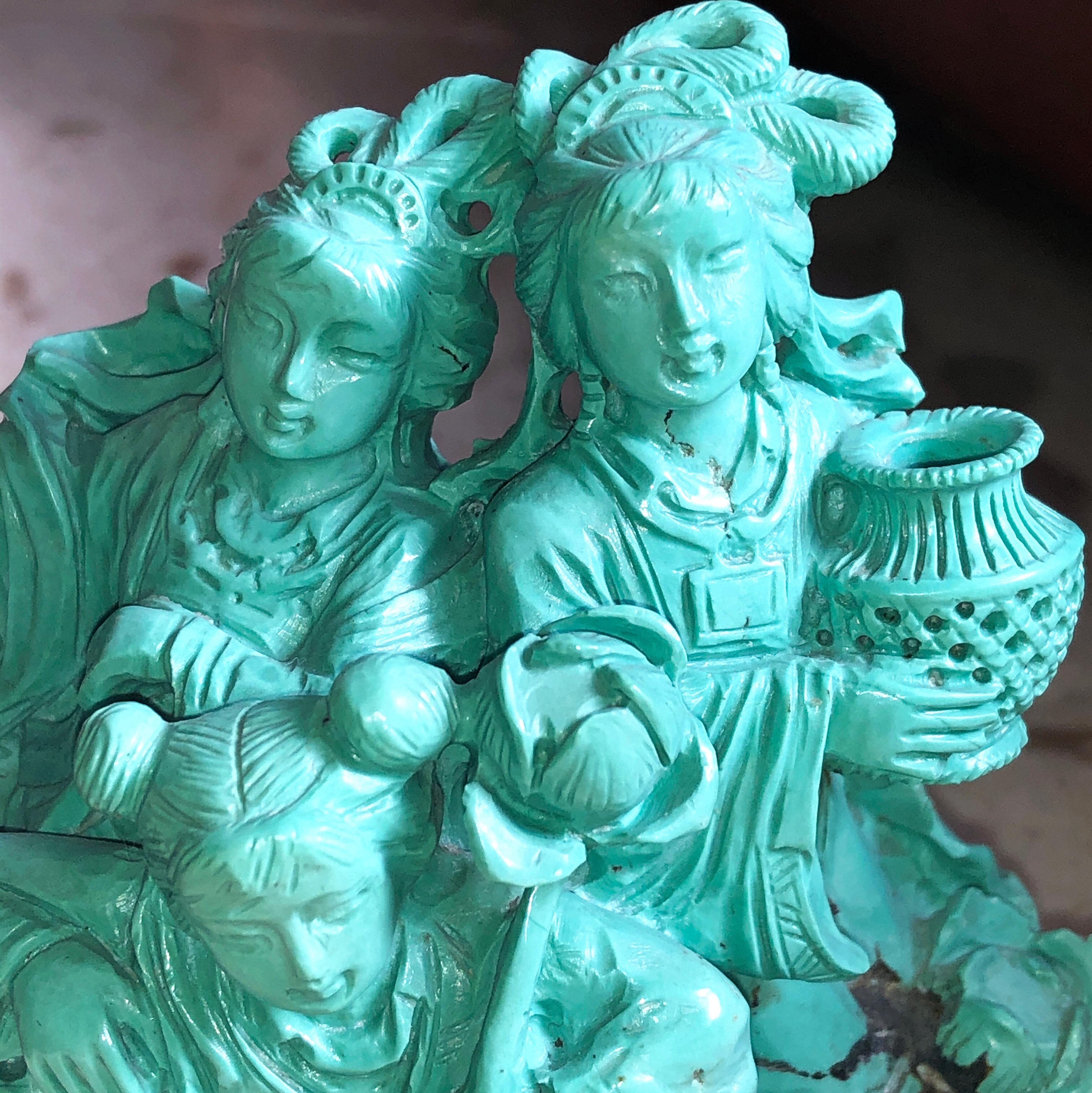 Original 1930 Chinese Export Natural Turquoise Three Dames Sculpture 5