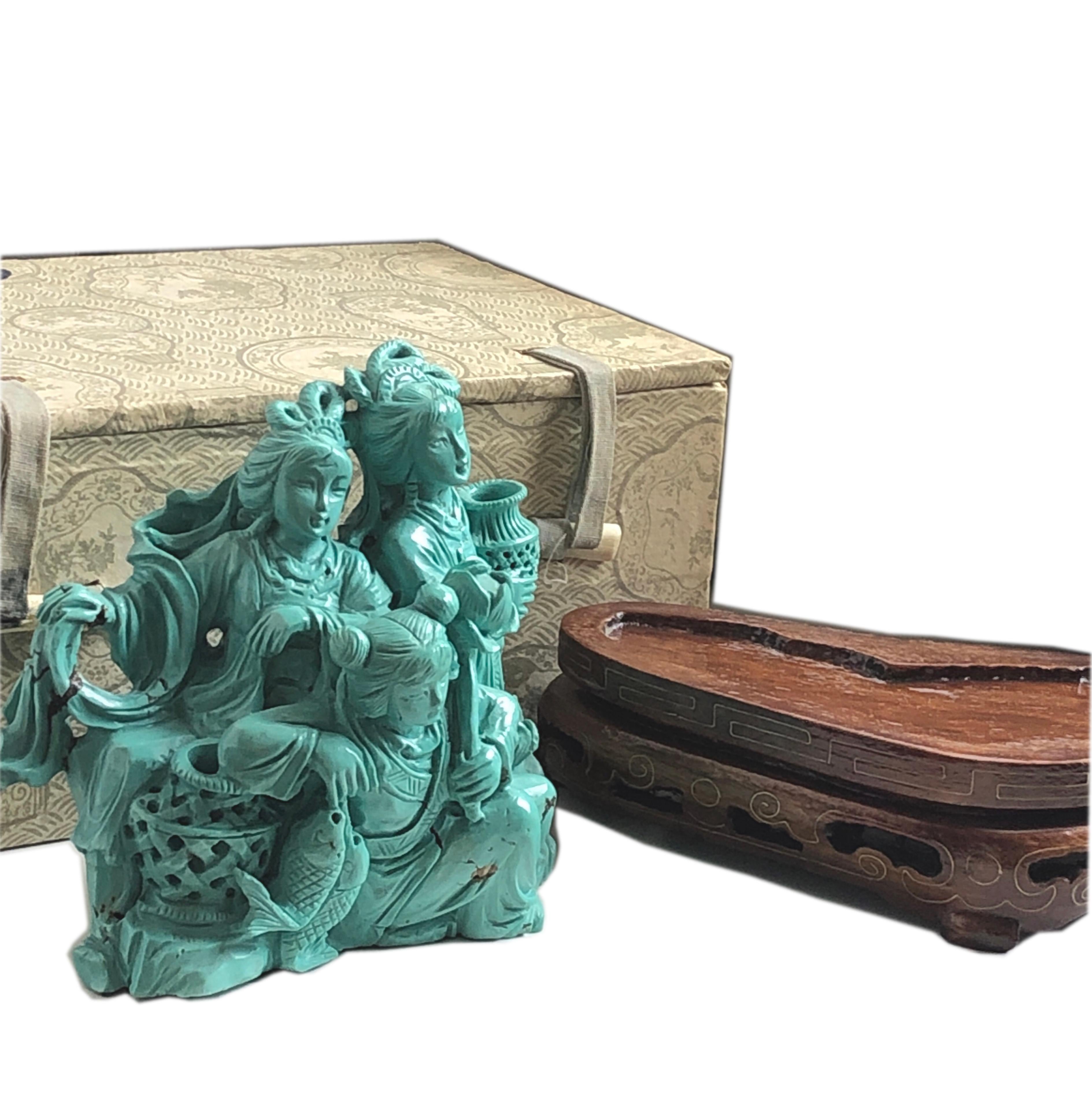 Original 1930 Chinese Export Natural Turquoise Three Dames Sculpture 7