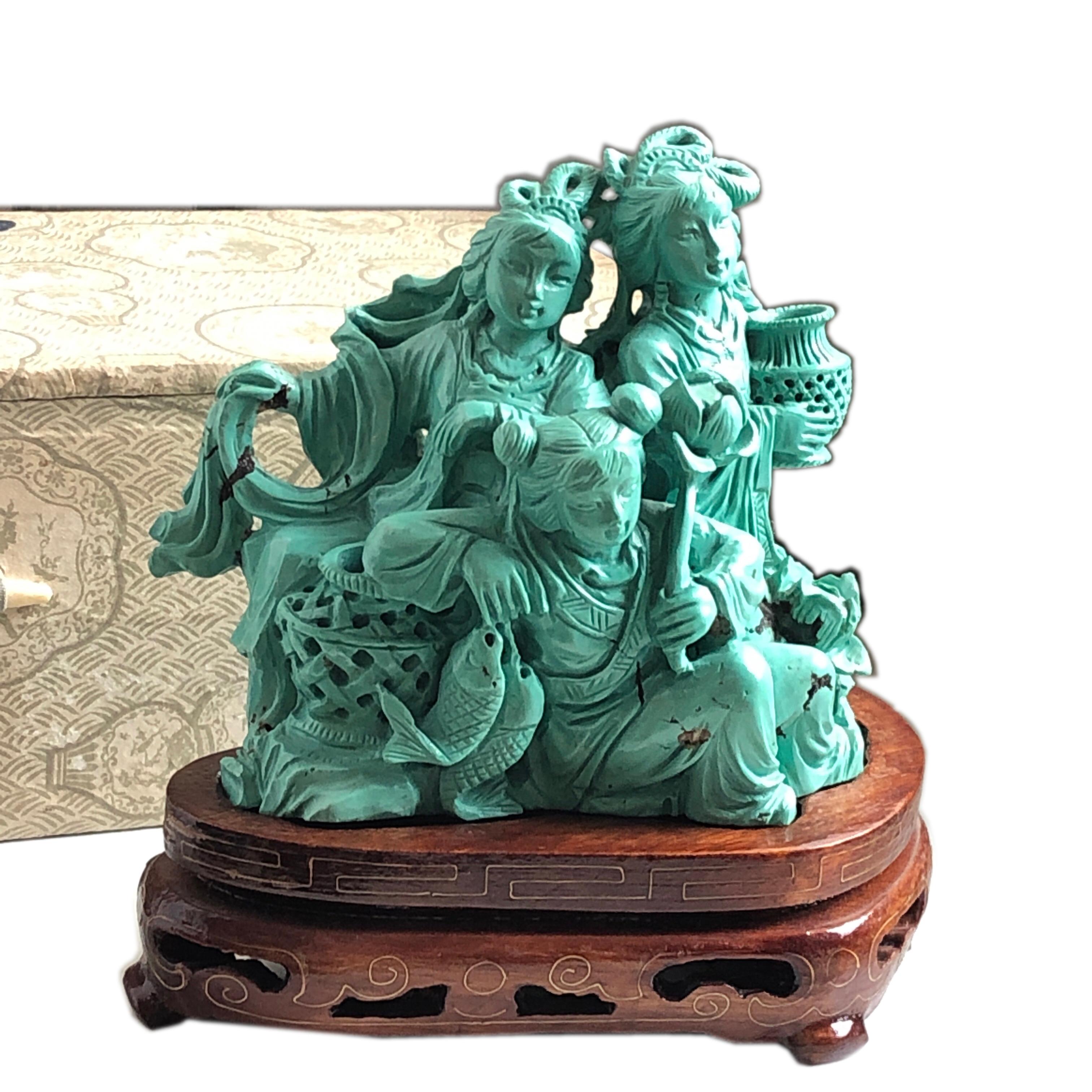 Original 1930 Chinese Export Natural Turquoise Three Dames Sculpture 8