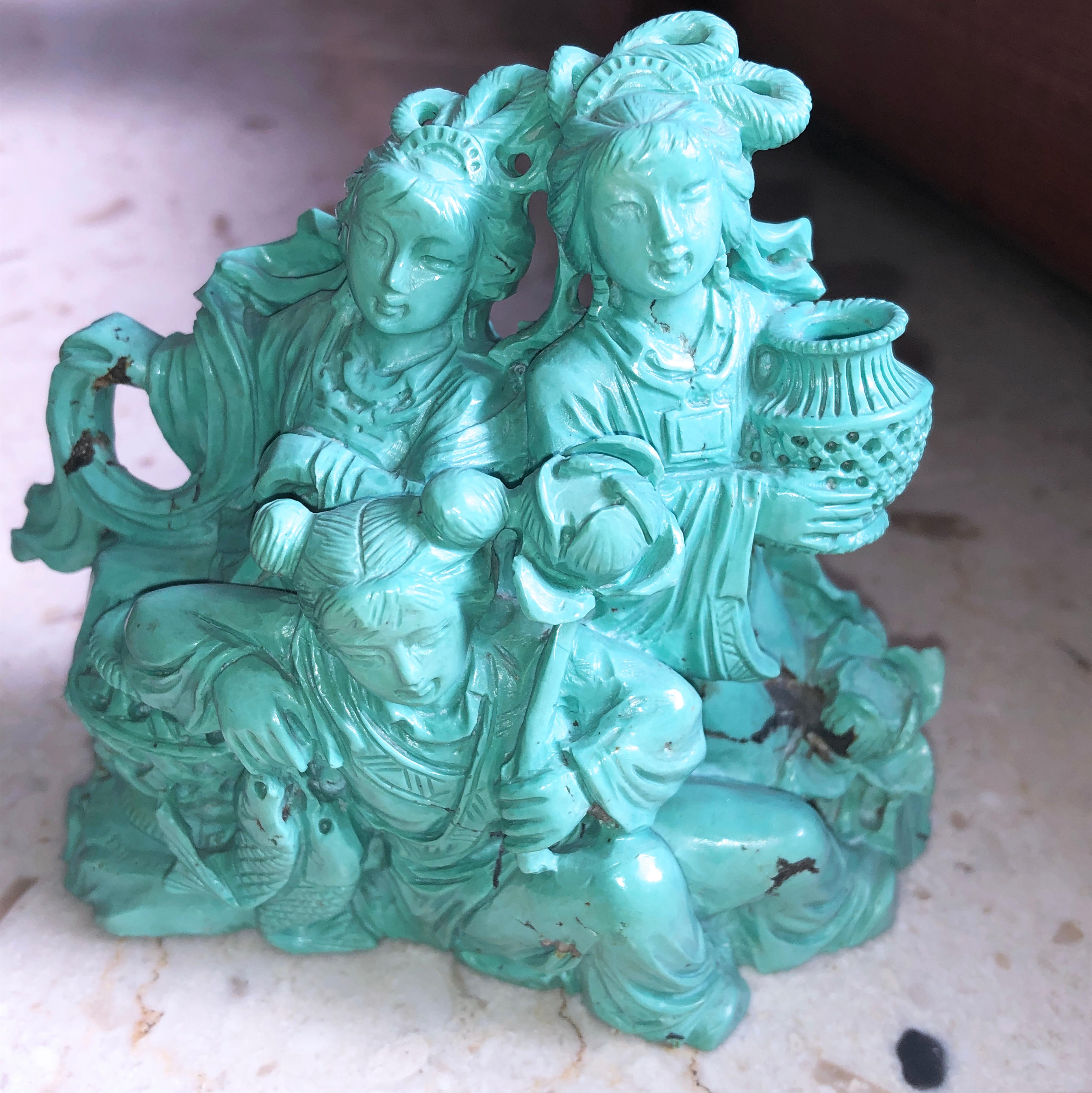 One-of-a-kind, Original 1930, Chinese Export Natural Turquoise Three Dames Sculpture. Natural Turquoise is of Persian Origin and Hand Carving and Engraving Work is Beautiffully Crisp and Detailed.
This Unique piece is still in excellent conditions, 