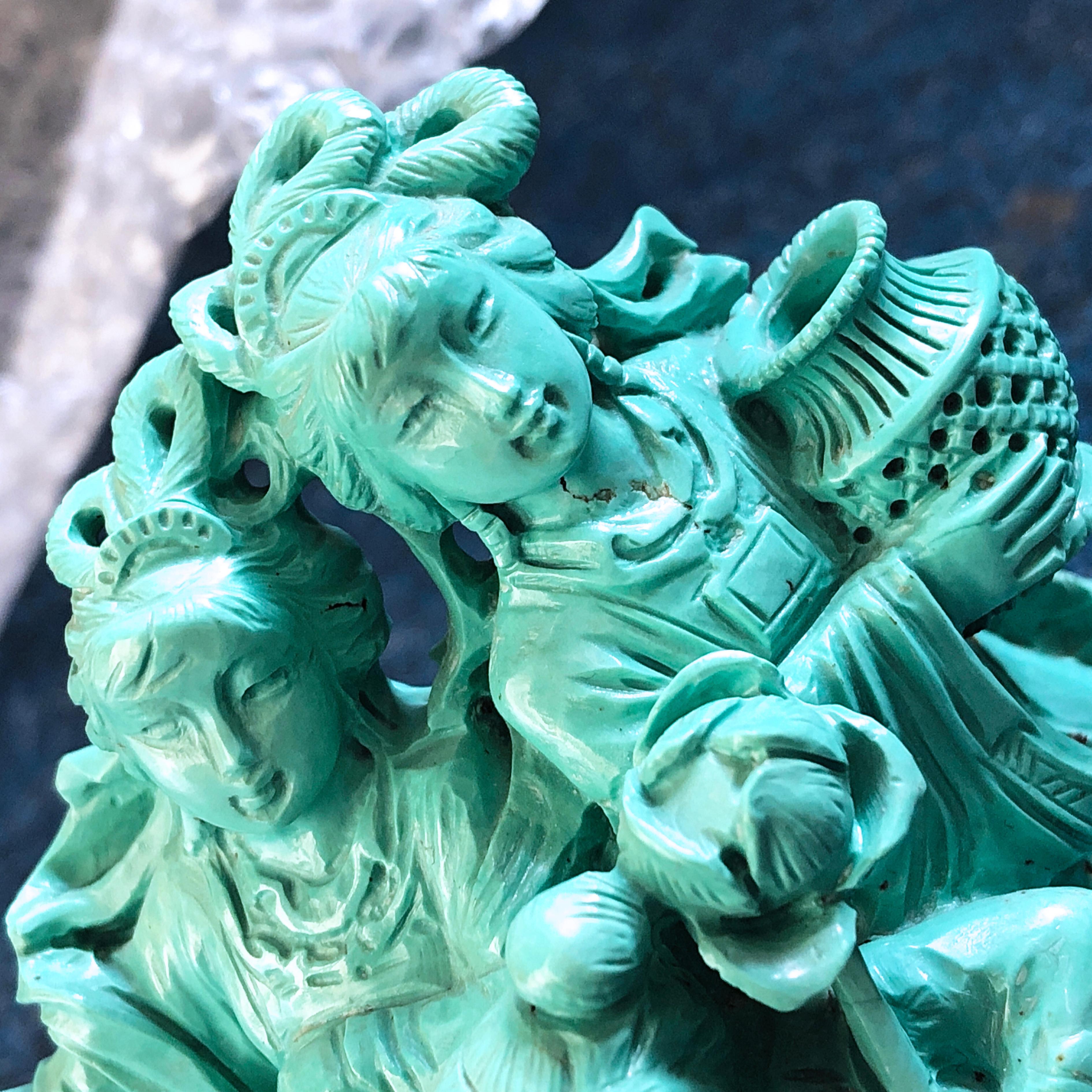 Original 1930 Chinese Export Natural Turquoise Three Dames Sculpture In Excellent Condition In Valenza, IT