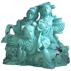 Original 1930 Chinesisch Export Natürliche Türkis Drei Damen Skulptur