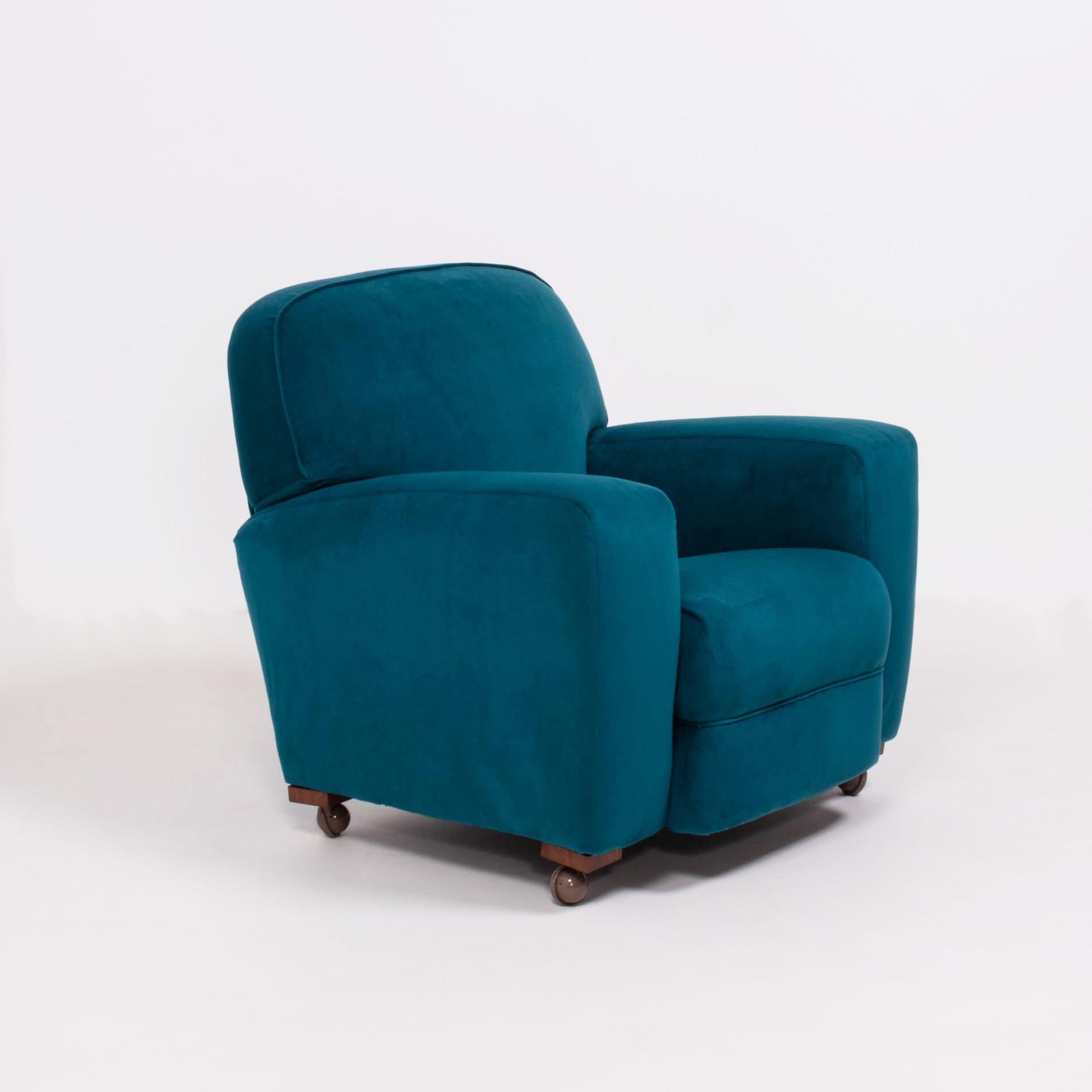 Original 1930s Art Deco Curved Blue Teal Velvet Armchairs, Newly Upholstered In Excellent Condition In London, GB
