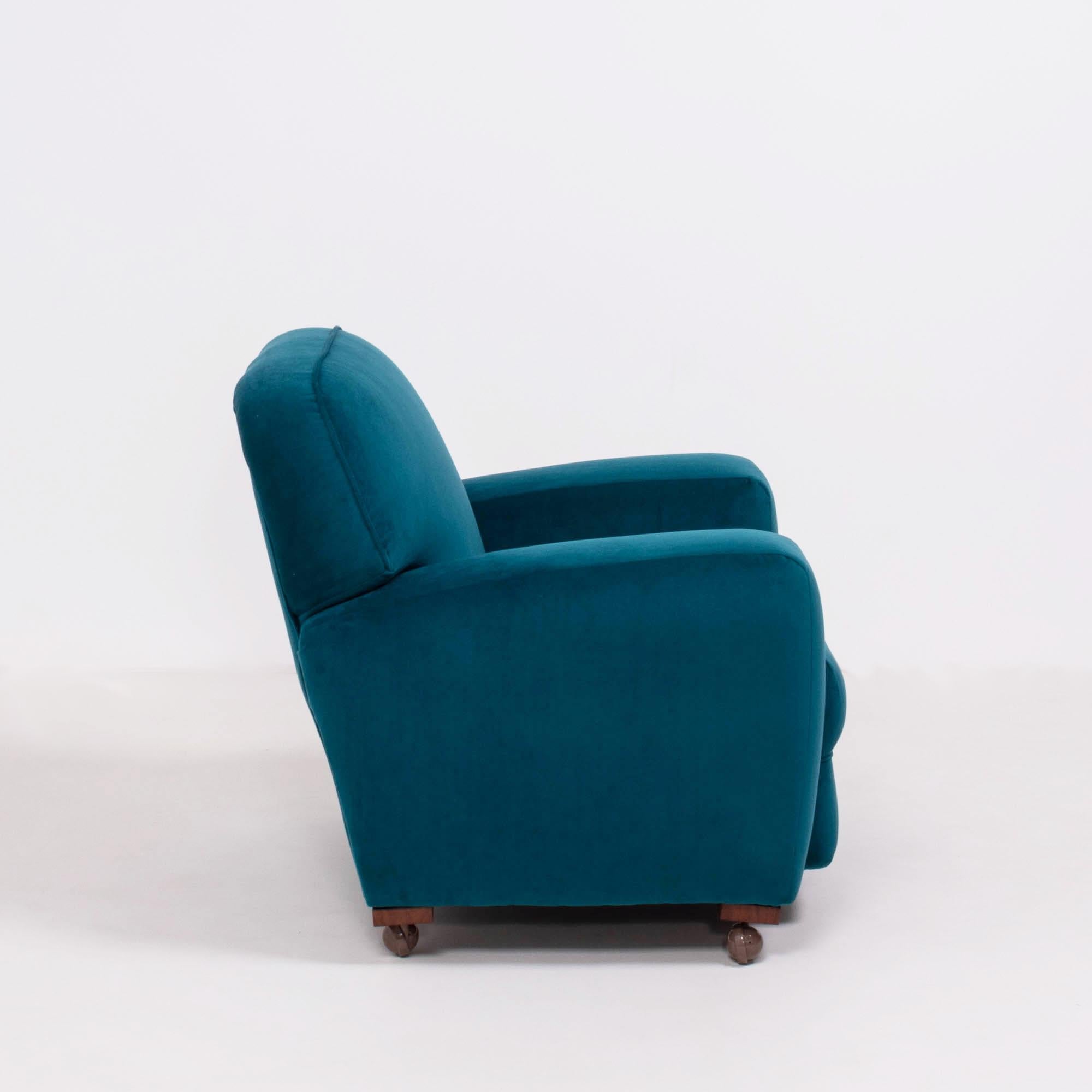 Mid-20th Century Original 1930s Art Deco Curved Blue Teal Velvet Armchairs, Newly Upholstered