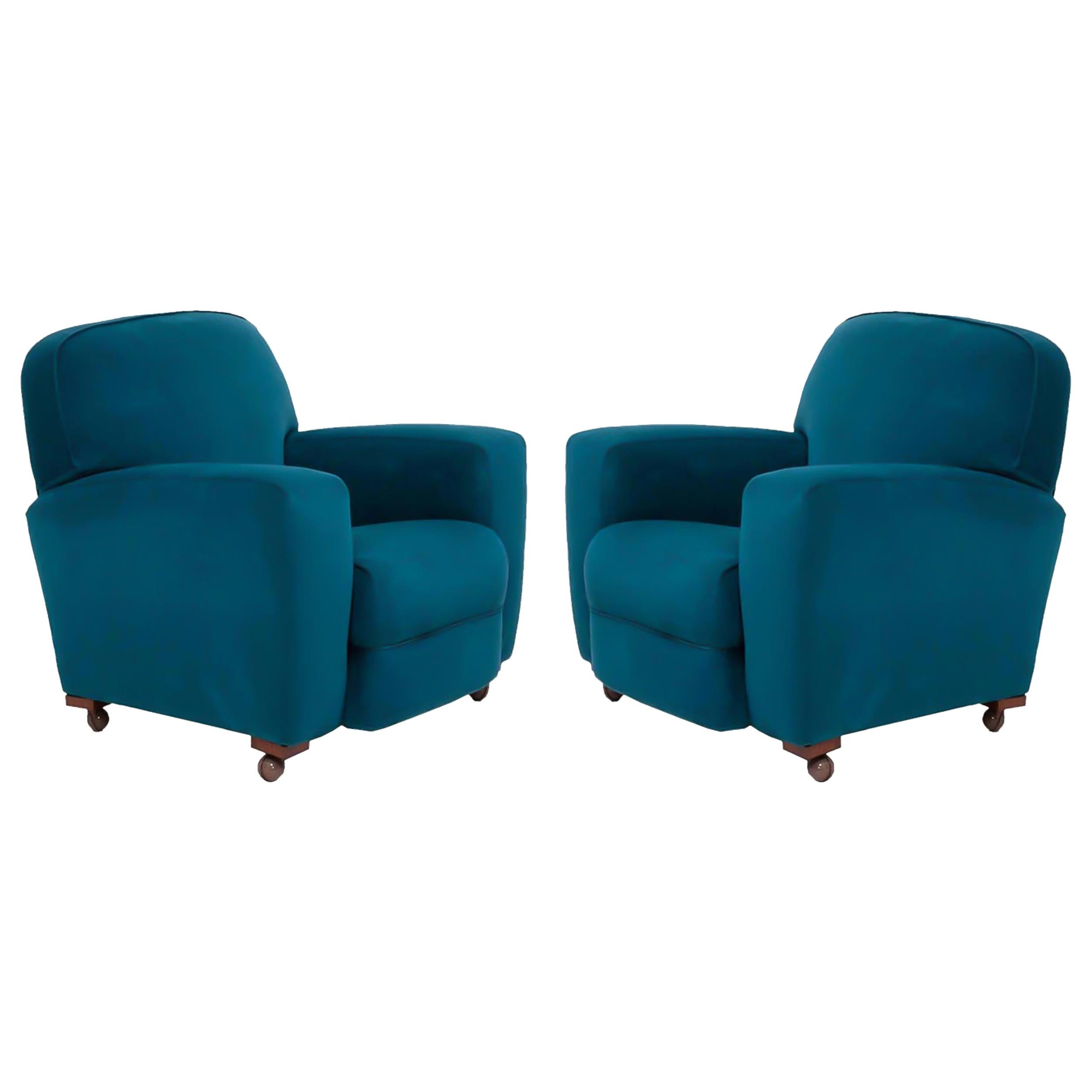 Original 1930s Art Deco Curved Blue Teal Velvet Armchairs, Newly Upholstered