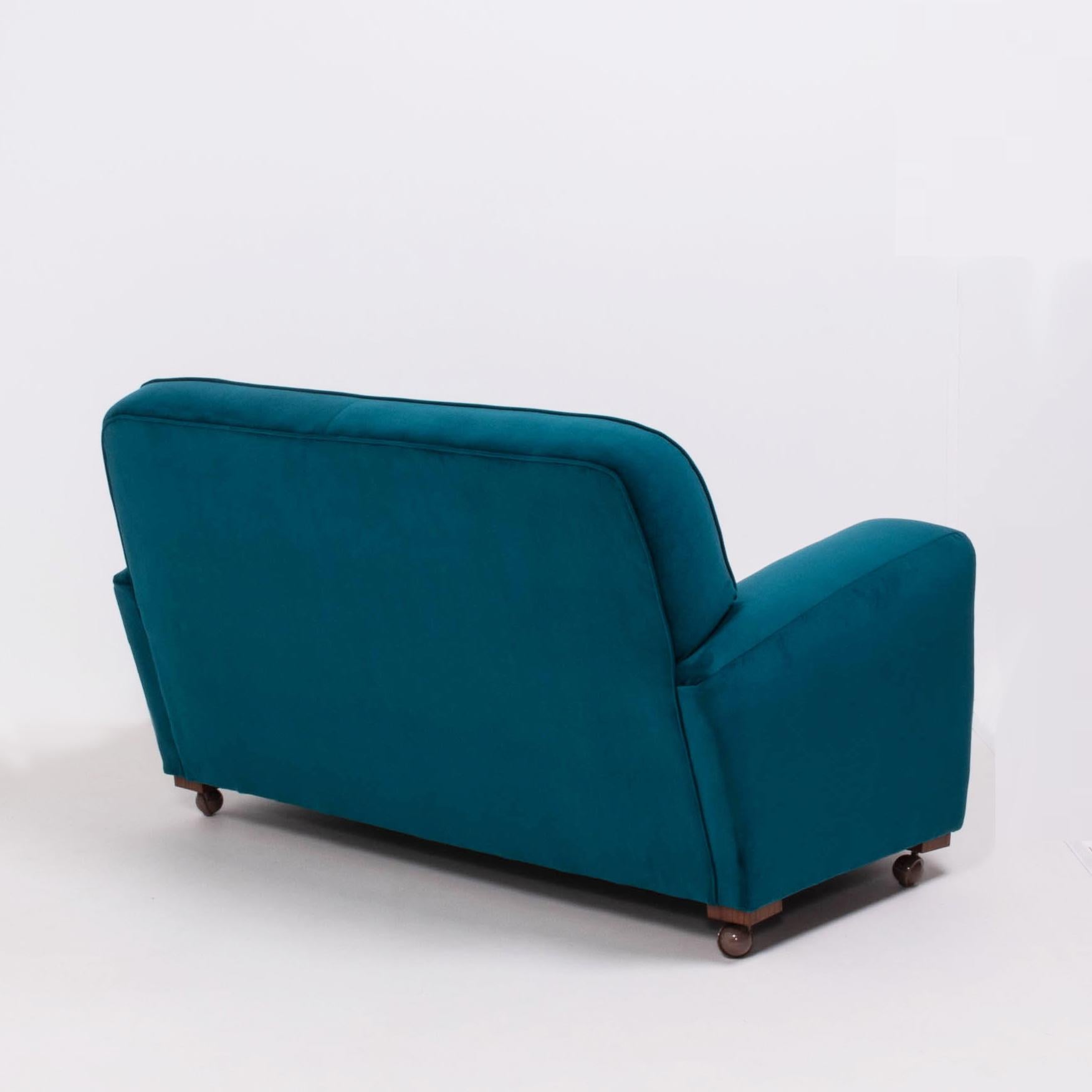 Mid-20th Century Original 1930s Art Deco Curved Blue Teal Velvet Sofa Newly Upholstered