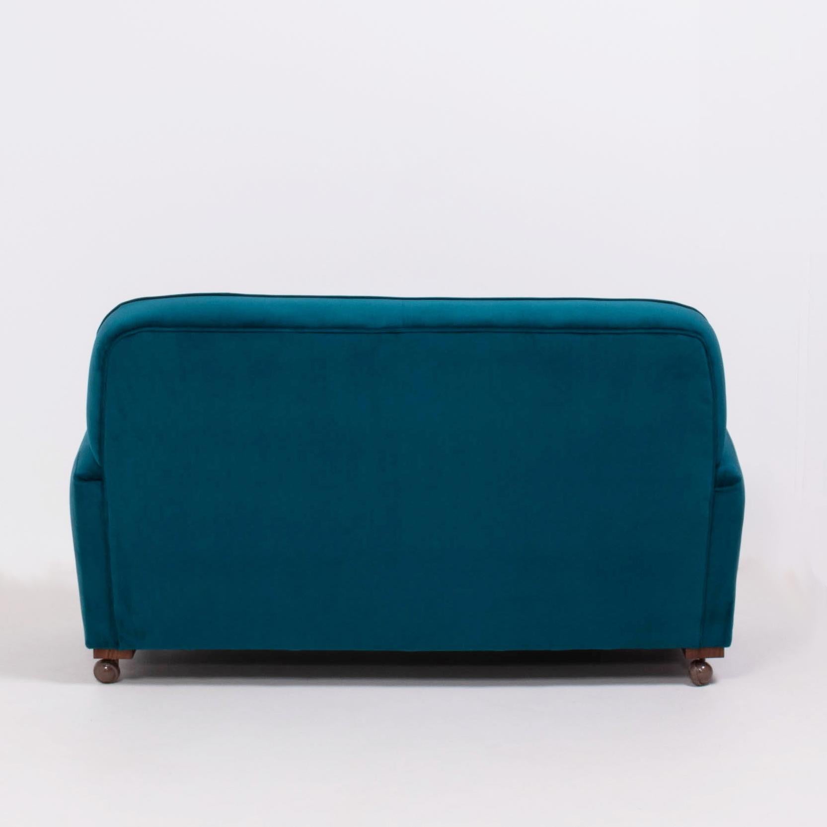 Fabric Original 1930s Art Deco Curved Blue Teal Velvet Sofa Newly Upholstered
