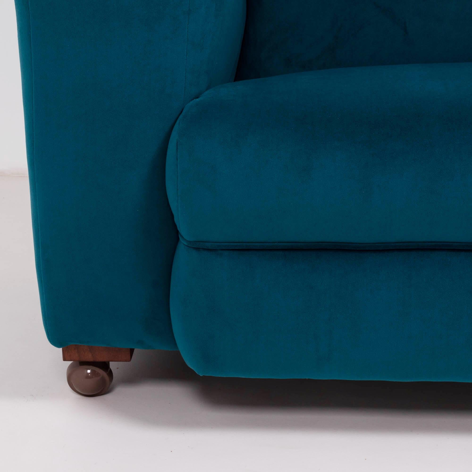 Original 1930s Art Deco Curved Blue Teal Velvet Sofa Newly Upholstered 2