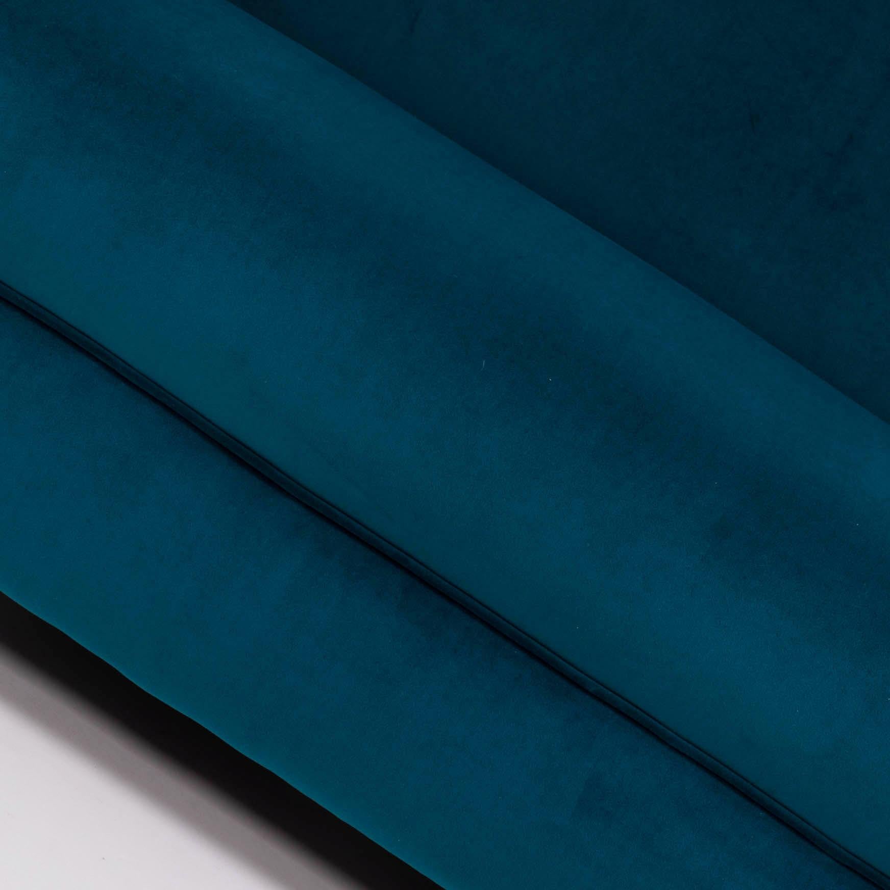 Original 1930s Art Deco Curved Blue Teal Velvet Sofa Newly Upholstered 3