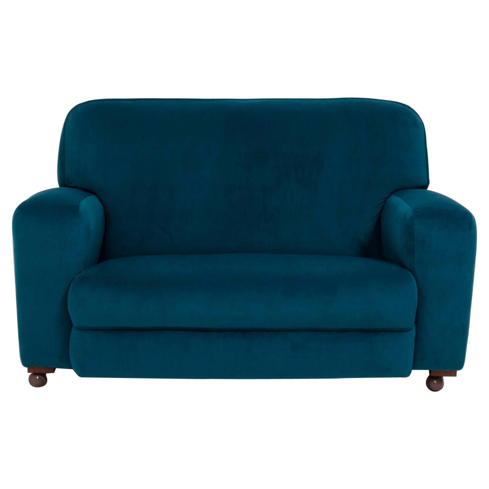 Original 1930s Art Deco Curved Blue Teal Velvet Sofa Newly Upholstered