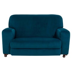 Original 1930s Art Deco Curved Blue Teal Velvet Sofa Newly Upholstered