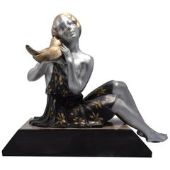 Original 1930s Art Deco French Figure "The Woman with the Bird"