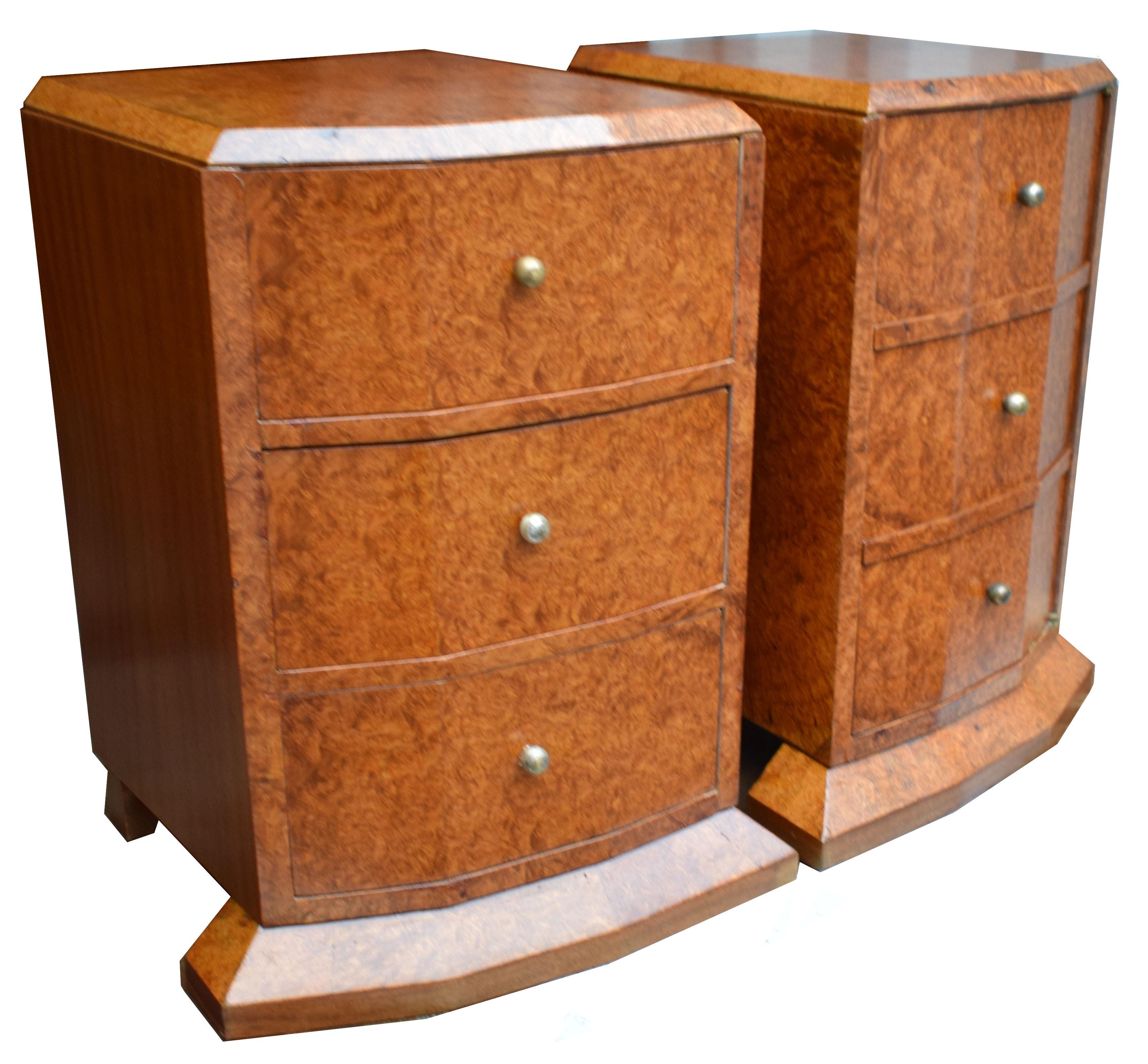 English Original 1930s Art Deco Heavily Figured Walnut Bedside Nightstand Cabinets