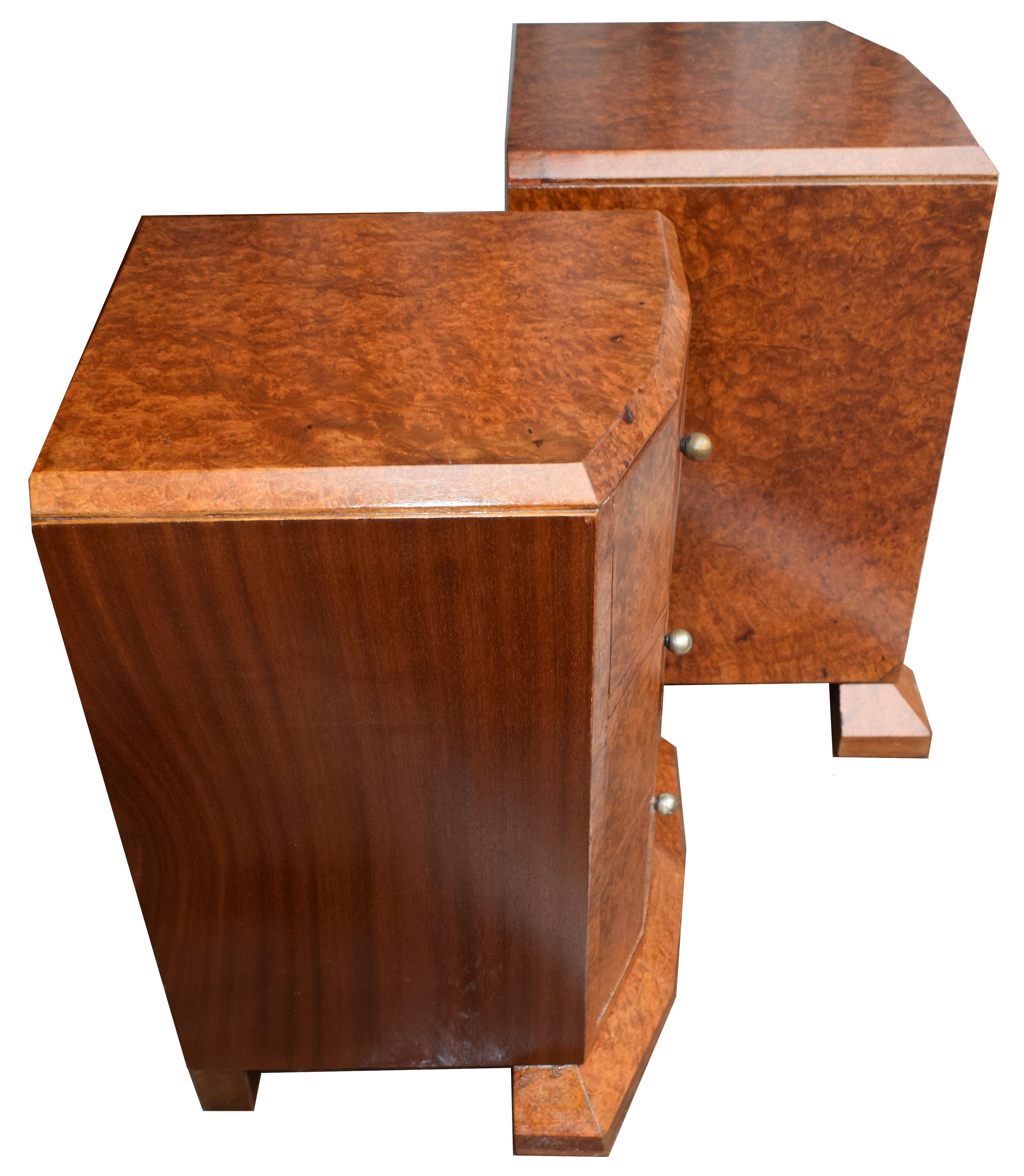 Original 1930s Art Deco Heavily Figured Walnut Bedside Nightstand Cabinets In Good Condition In Devon, England