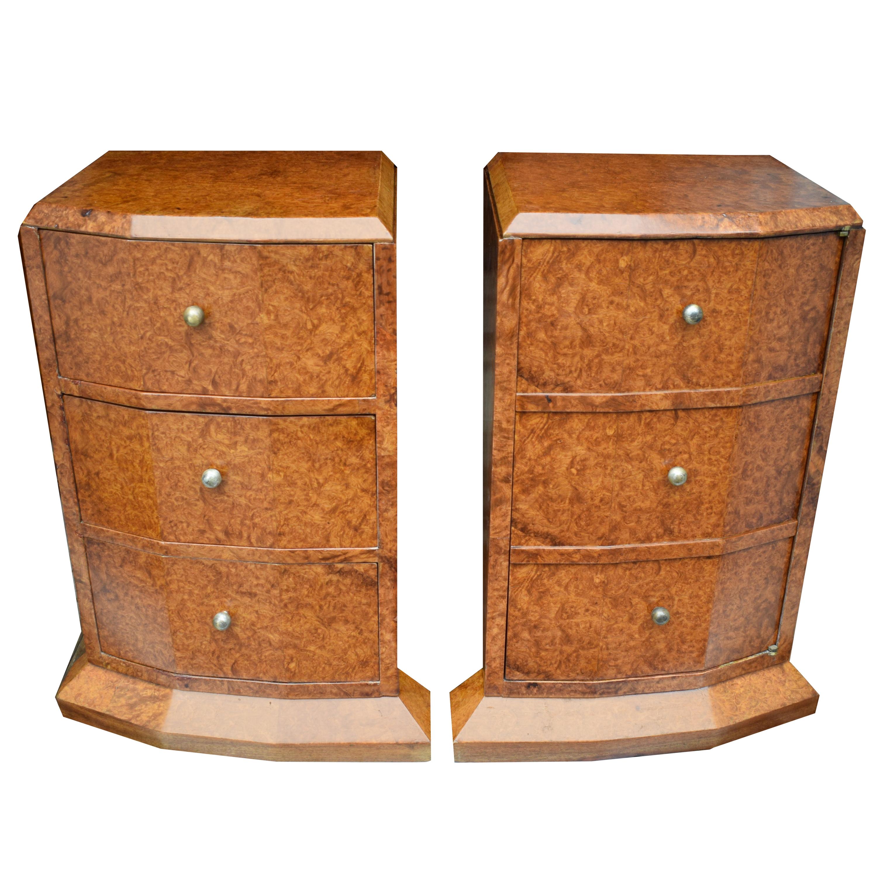 Original 1930s Art Deco Heavily Figured Walnut Bedside Nightstand Cabinets