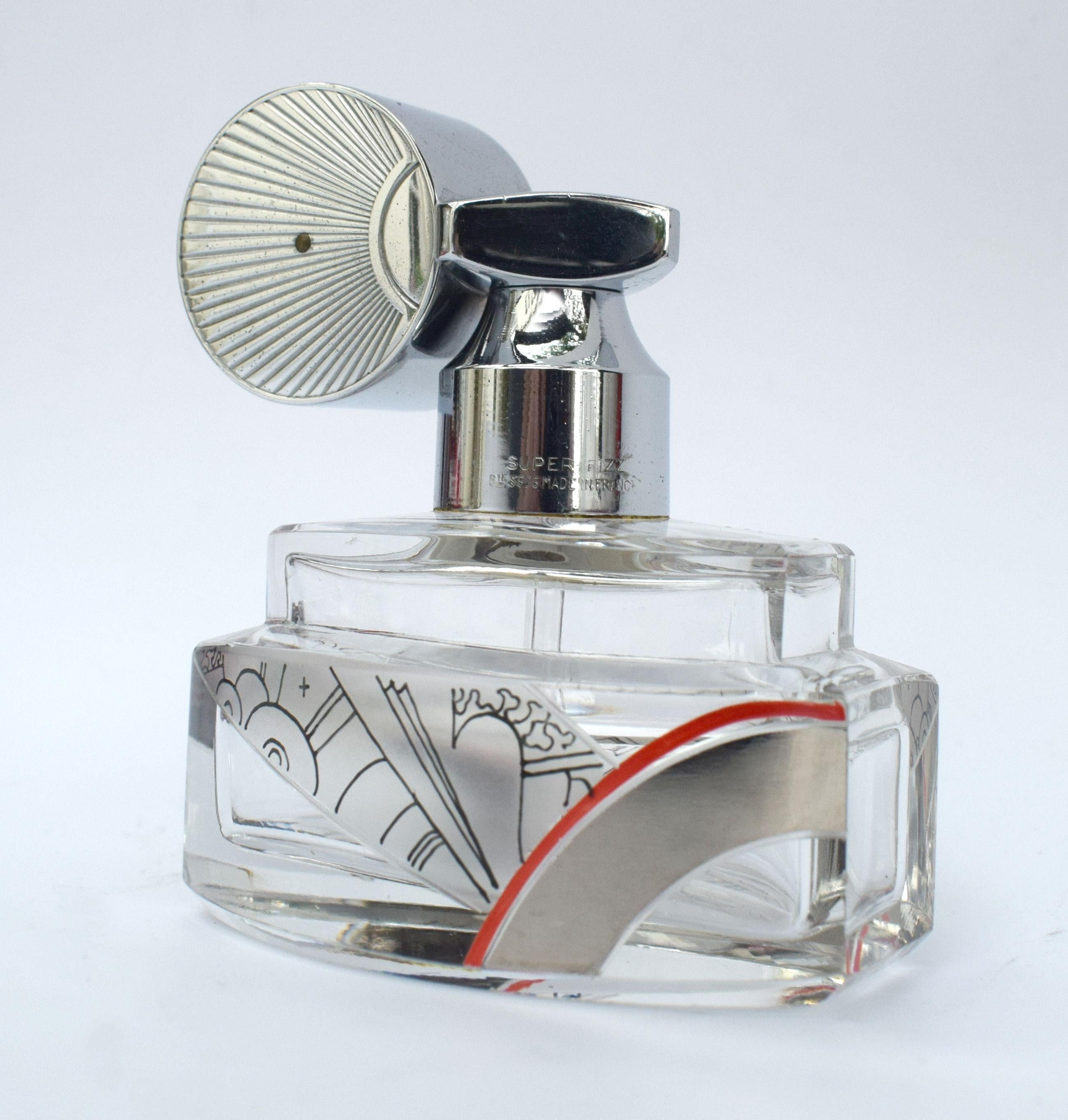 A beautiful Art Deco glass and chrome scent atomizer dating to the 1930s very much in the style of Karl Palda. Everything works as it should and the glass dauper is present and undamaged. The enamel and etched decoration is in superb condition and