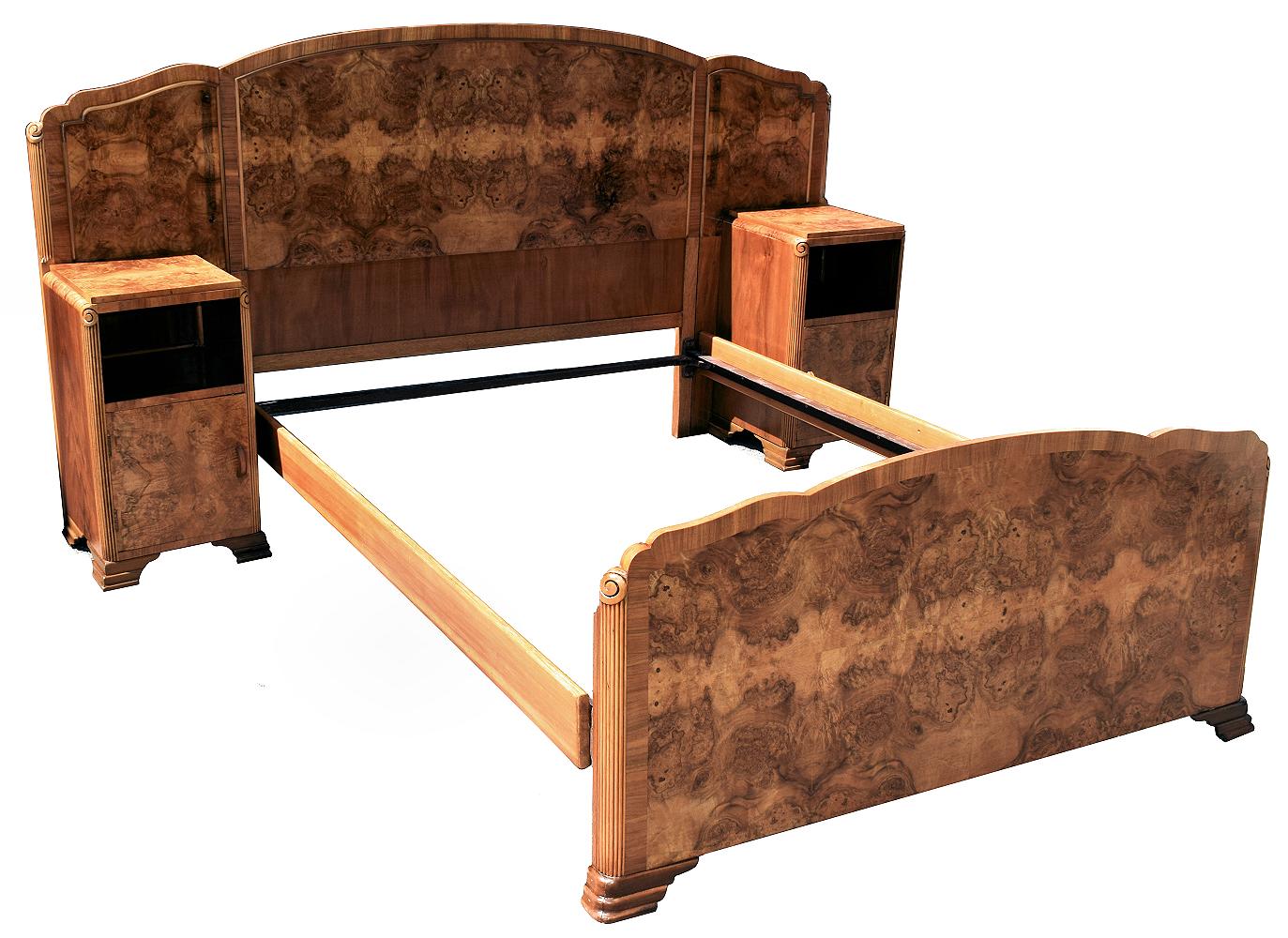Iron Original 1930s Art Deco Odeon Walnut Double Bed with Integral Cabinets