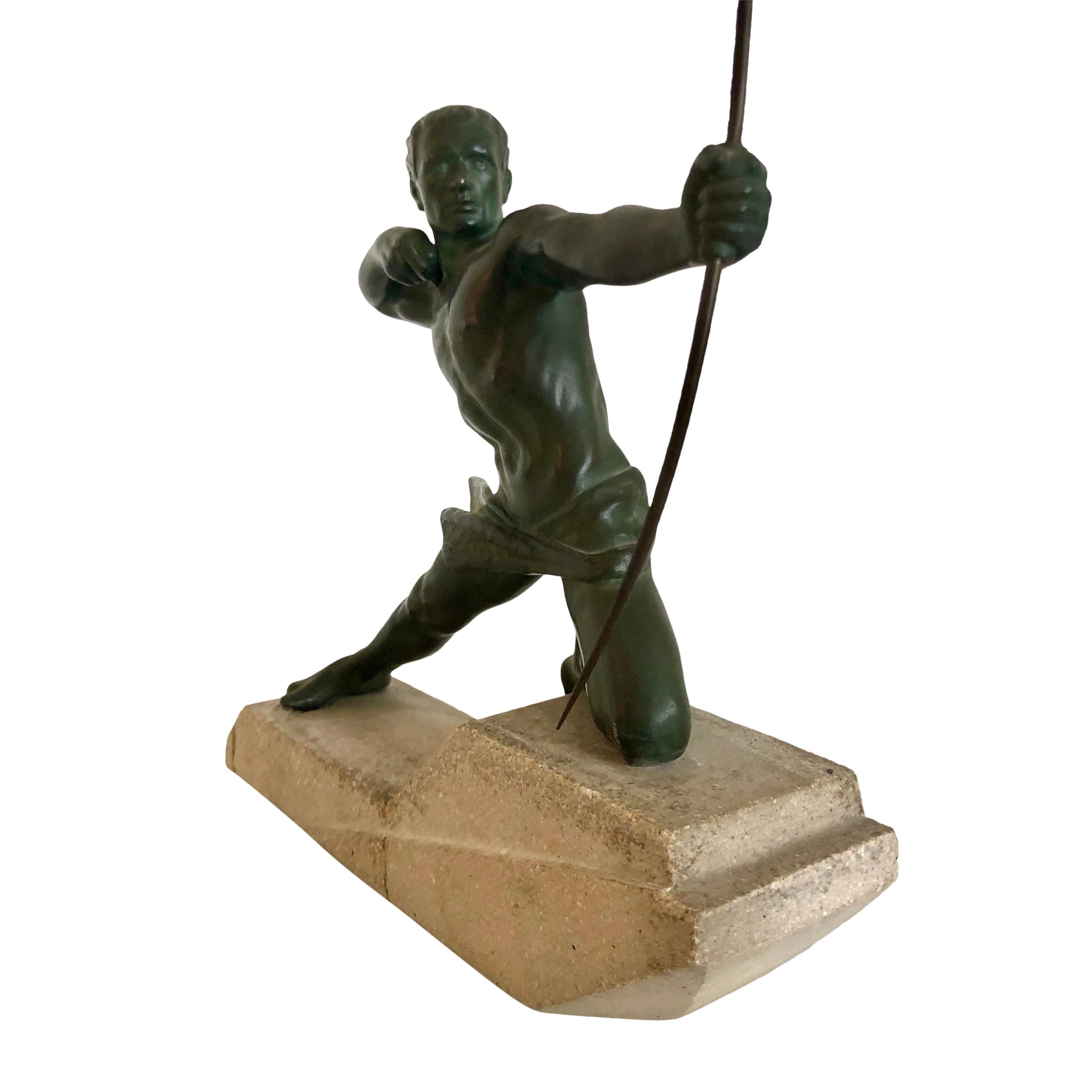 “Spartiate”
Original “Max Le Verrier” (1891-1973), signed in the stone
Original Art Deco, France 1920-1930s

Sculpture made in “Spelter” (white bronze) with original patina
Stone socle (shows several signs of age and use, as chips and fixed