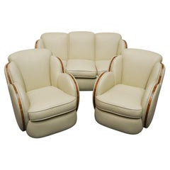 Vintage Original 1930's Art Deco Three Piece Lounge Suite Upholstered in Cream Leather