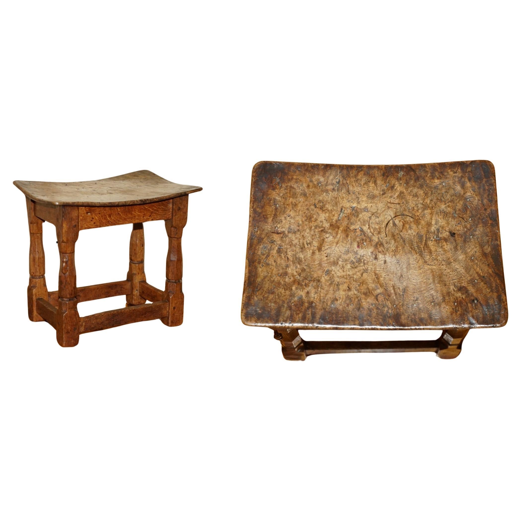 ORIGINAL 1930's BURR OAK ROBERT MOUSEMAN THOMPSON STOOL WITH PERIOD CURVED TOP