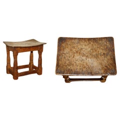 ORIGINAL 1930's BURR OAK ROBERT MOUSEMAN THOMPSON STOOL WITH PERIOD CURVED TOP