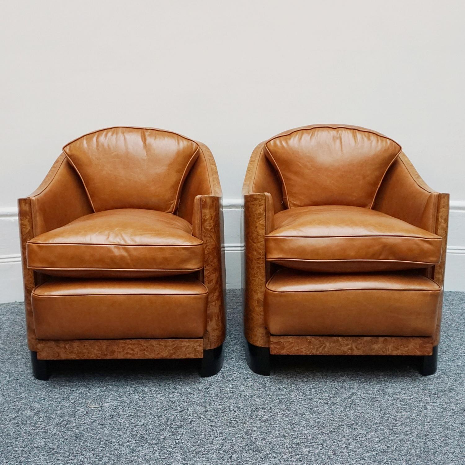 Original 1930s English Art Deco Club Chairs Walnut and Brown Leather 6