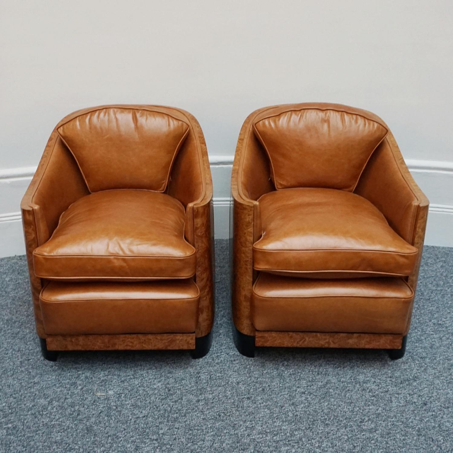 Original 1930s English Art Deco Club Chairs Walnut and Brown Leather 7
