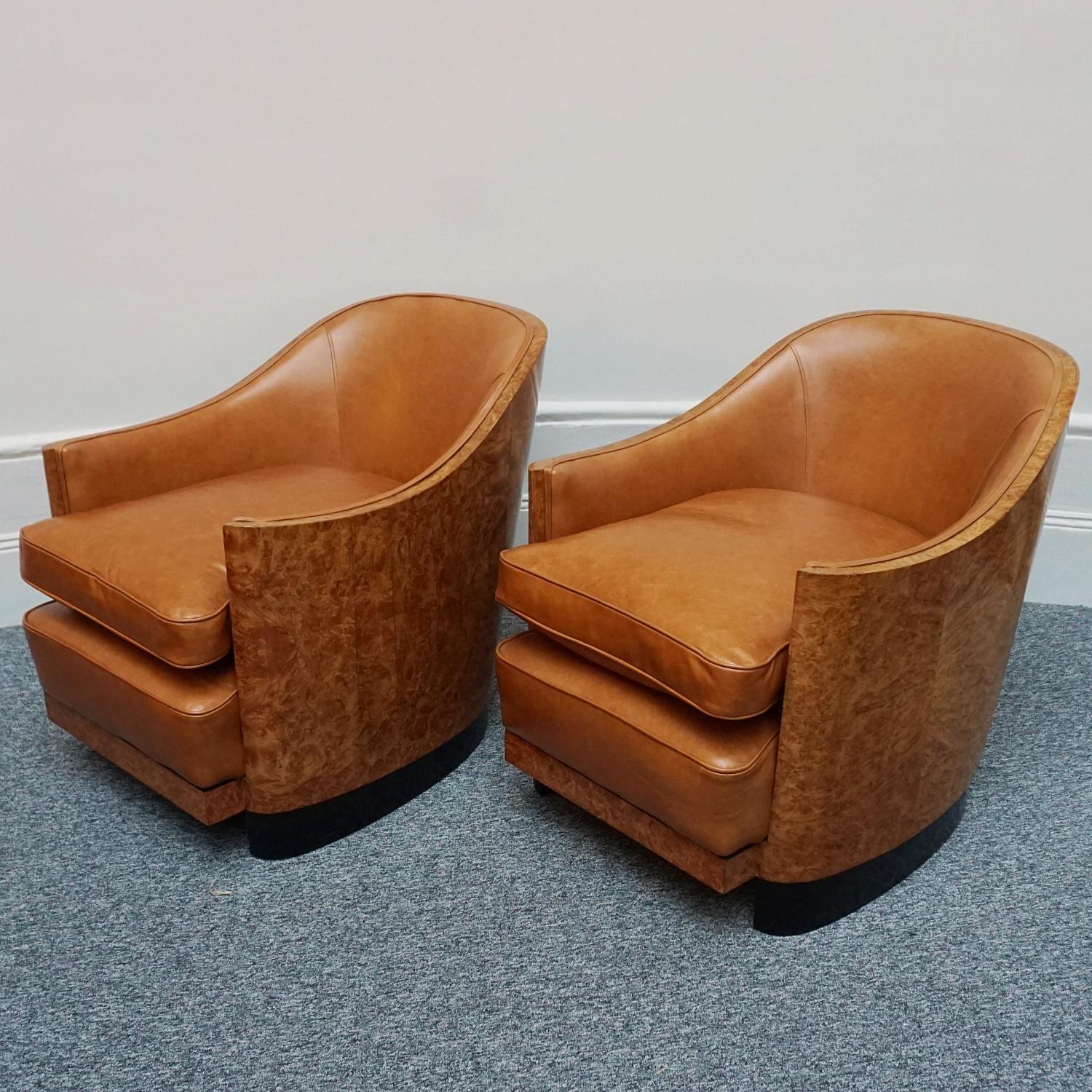 Original 1930s English Art Deco Club Chairs Walnut and Brown Leather 3