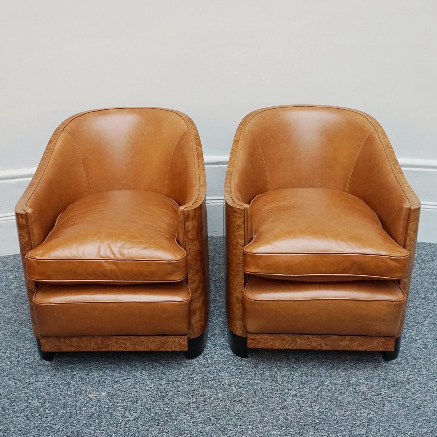 Original 1930s English Art Deco Club Chairs Walnut and Brown Leather 4