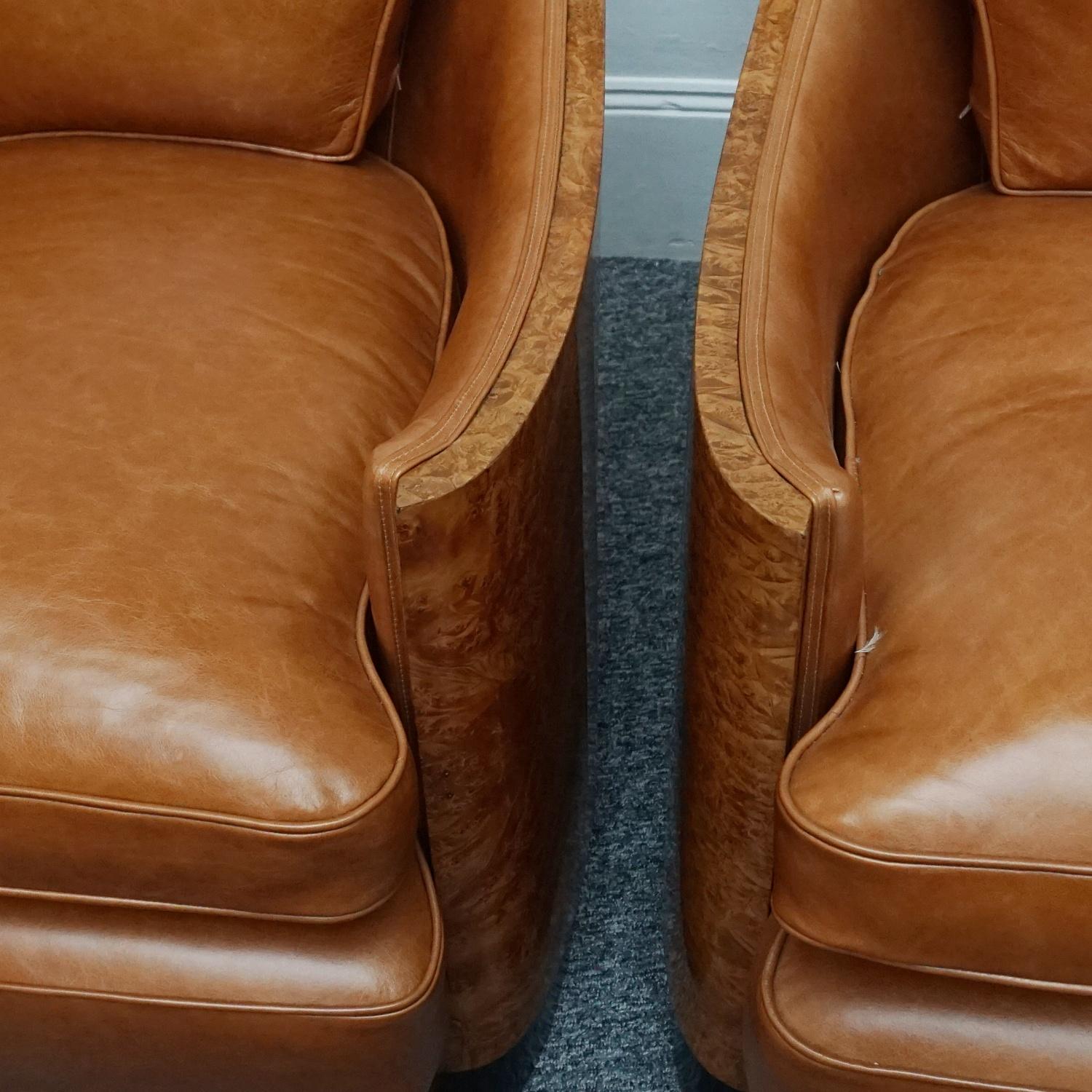 Original 1930s English Art Deco Club Chairs Walnut and Brown Leather 5