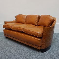 Original 1930s English Art Deco Walnut and Brown Leather Club Sofa
