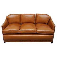 Original 1930s English Art Deco Walnut and Brown Leather Club Sofa