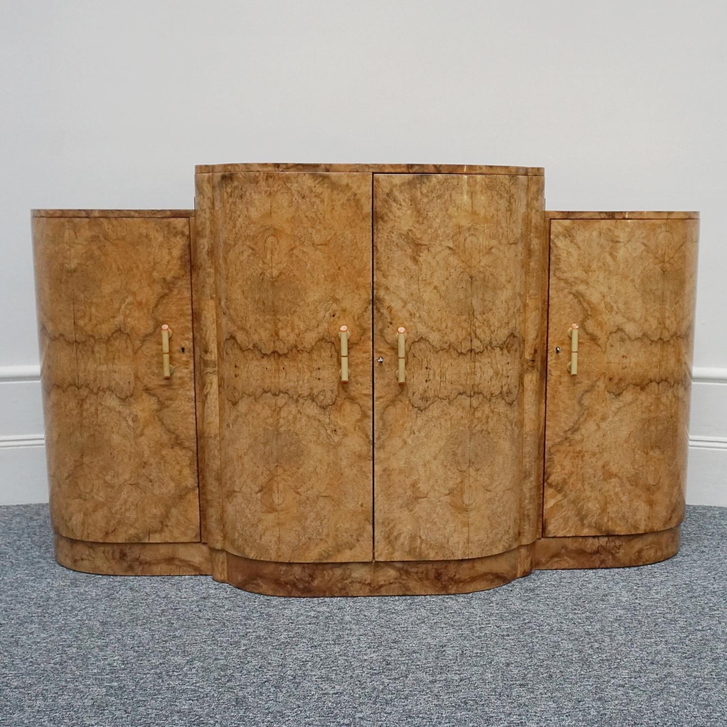 Original 1930's English Art Deco Walnut Cocktail Sideboard In Good Condition In Forest Row, East Sussex