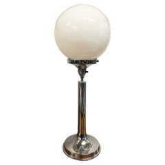  Original 1930s French Art Deco Opaline Glass & Chrome Ball Globe Table Lamp
