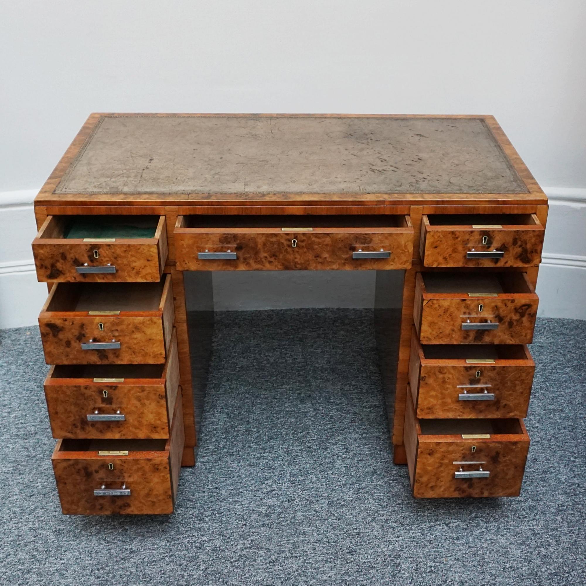 Original 1930's Heal's of London Burr Walnut Writing Desk  In Good Condition For Sale In Forest Row, East Sussex