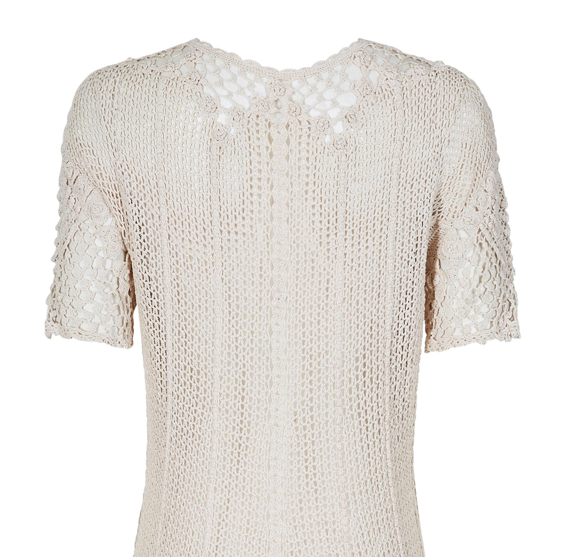 Beige Original 1930s Ivory Irish Hand Crochet Lace Dress With Floral Design 