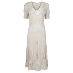 Vintage Original 1930s Ivory Irish Hand Crochet Lace Dress With Floral Design 