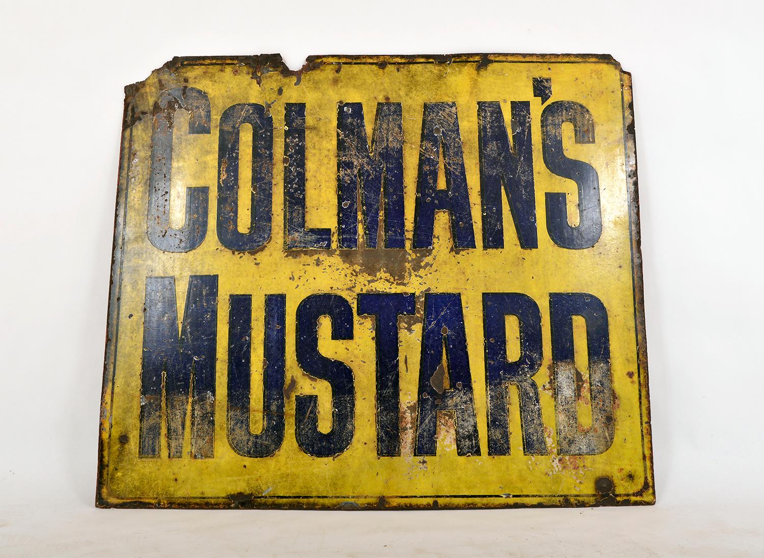 A wonderful, original and very large Colman’s Mustard enamel advertising sign from the early 20th century, with blue lettering on a yellow background. Having been exposed to the elements for many years, it’s maintained its vibrant colours and yet