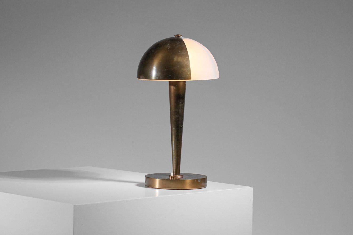 Mid-20th Century original 1930's Perzel art deco brass and opaline table lamp model 