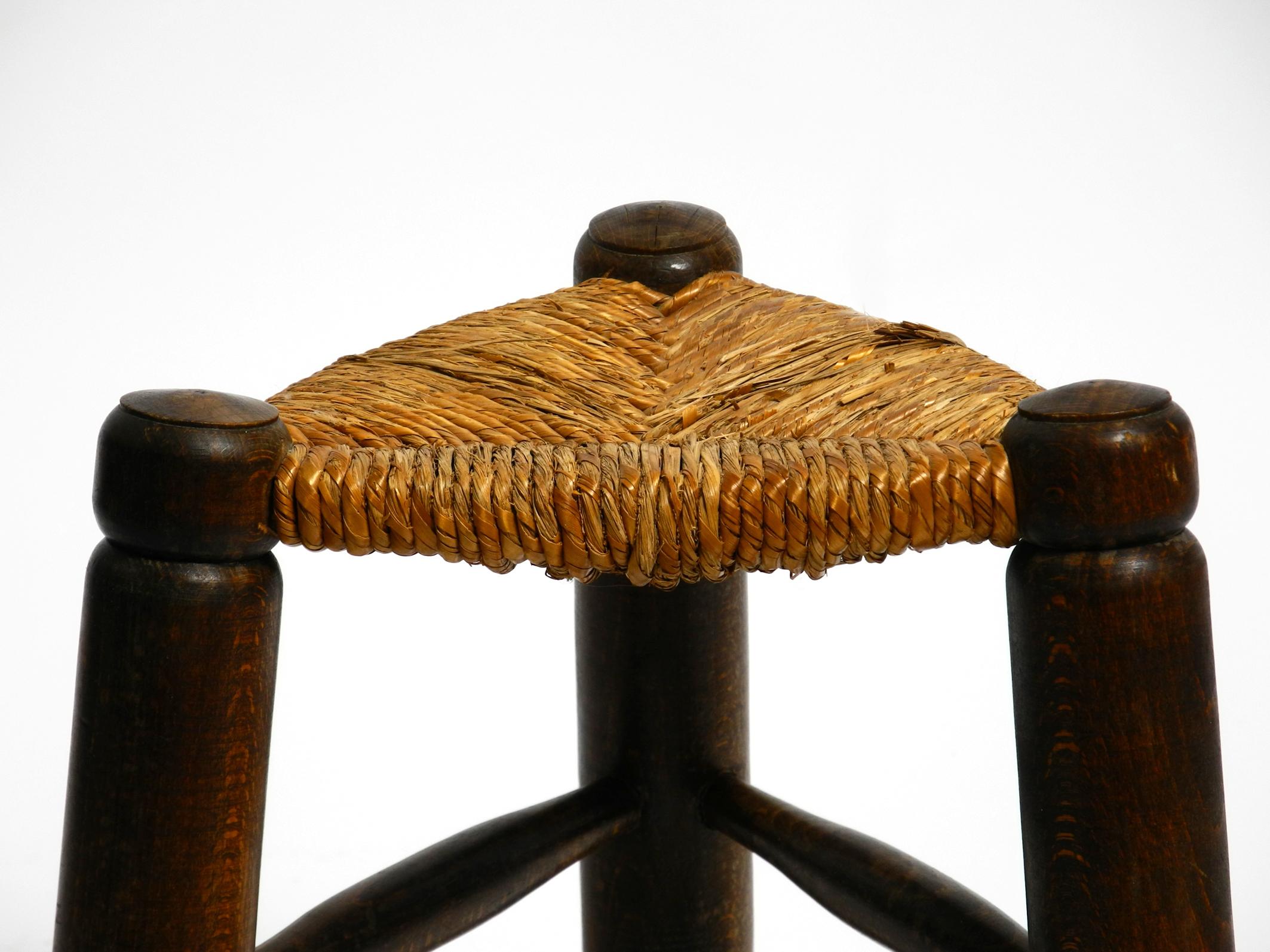 Original 1930s small French solid oak wood tripod stool with rush weave seat 7
