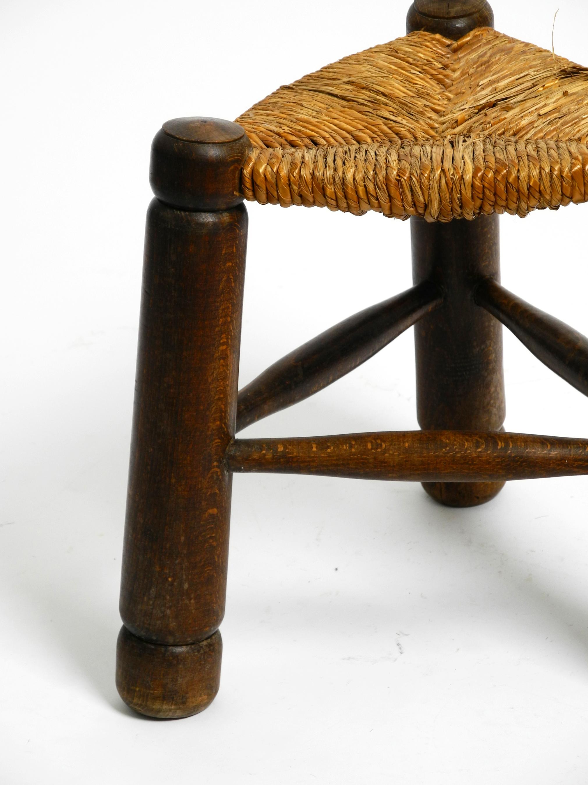 Original 1930s small French solid oak wood tripod stool with rush weave seat 8