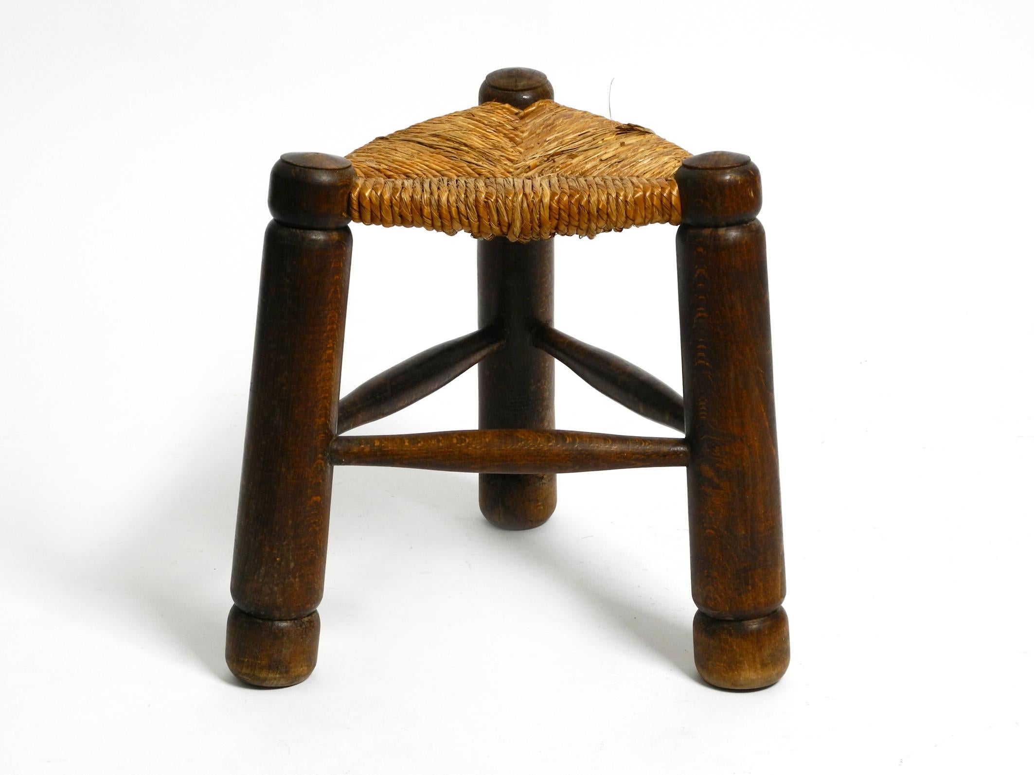 Original 1930s small French solid oak wood tripod stool with rush weave seat 11