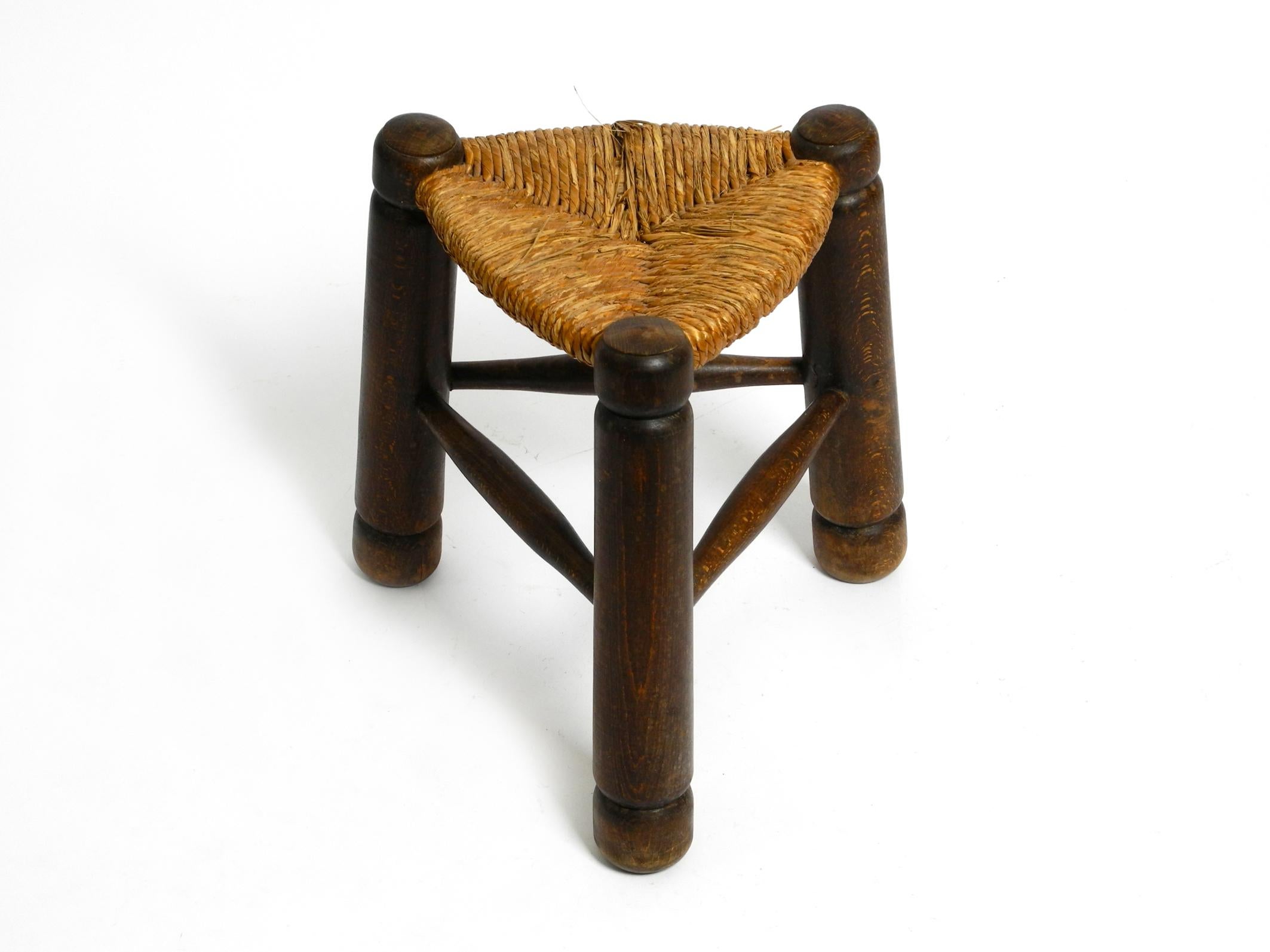 Original 1930s small French solid oak wood tripod stool with rush weave seat 13