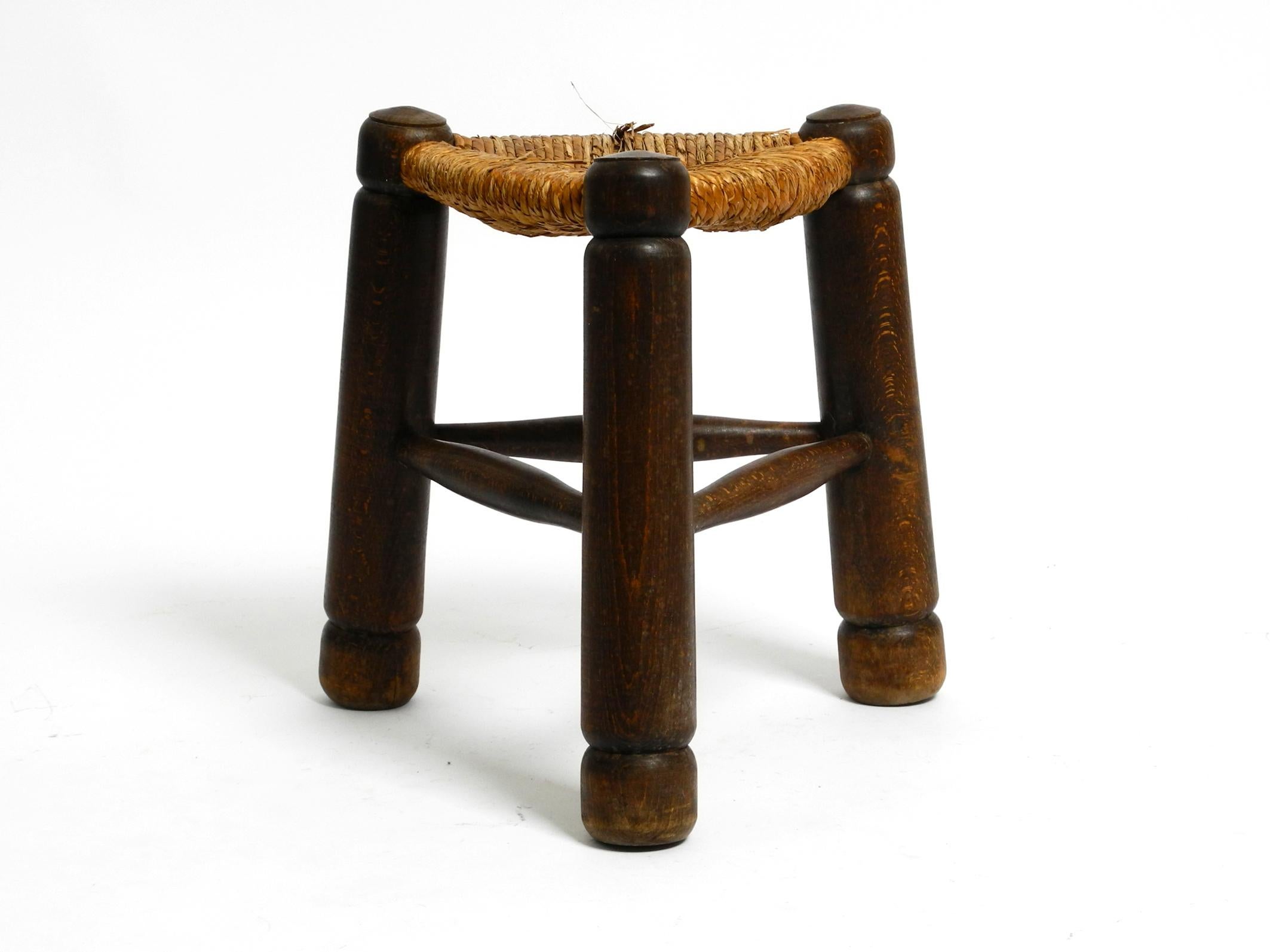 Mid-20th Century Original 1930s small French solid oak wood tripod stool with rush weave seat