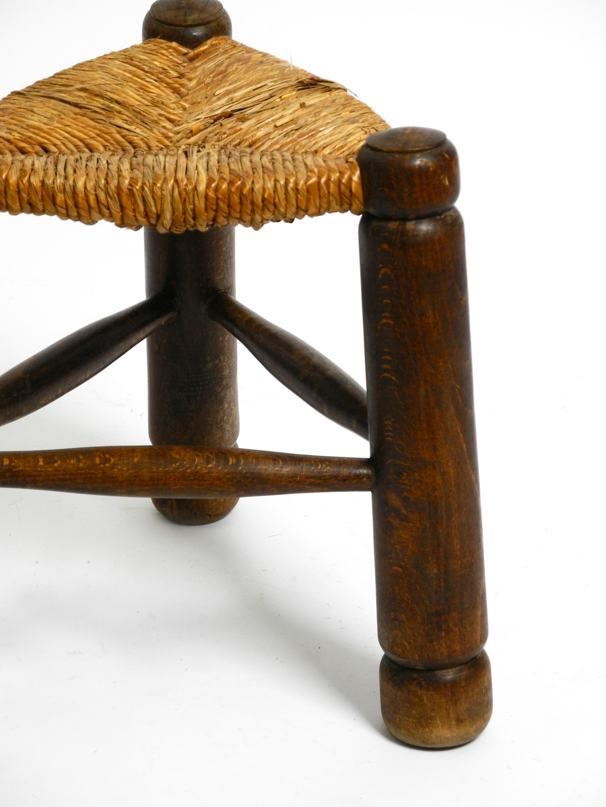 Original 1930s small French solid oak wood tripod stool with rush weave seat 1