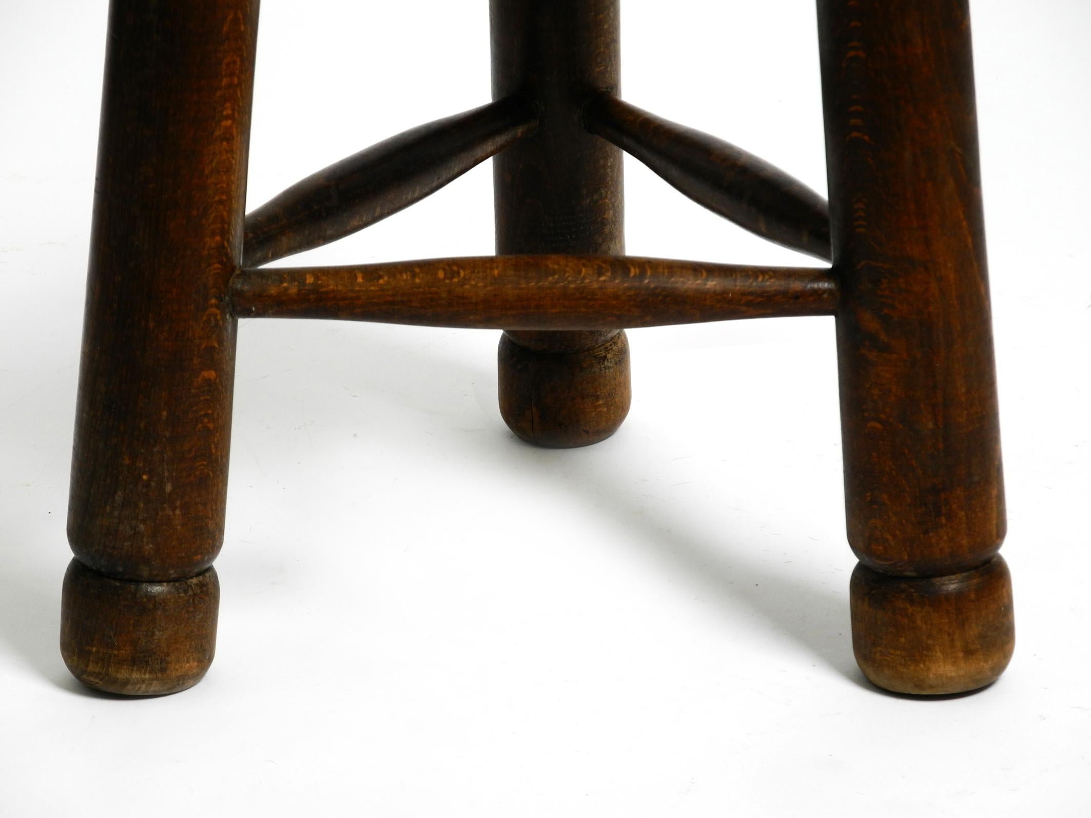 Original 1930s small French solid oak wood tripod stool with rush weave seat 3