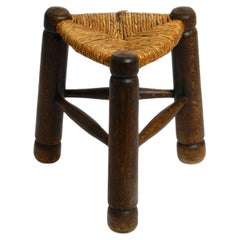 Original 1930s small French solid oak wood tripod stool with rush weave seat
